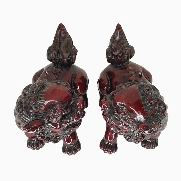 Vintage Foo Dog Pair Red Resin Asian Guardian Lion Figurines 4 in long each - Picture 11 of 16